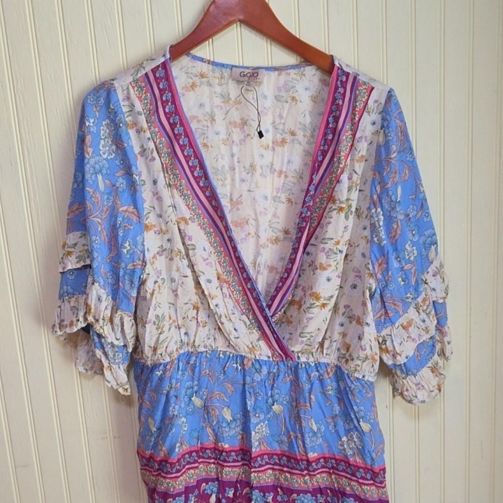 GiGiO Plus+ Dress Womens XL‎ Blue Floral Half Sleeve V Neck Boho Short Sundress
